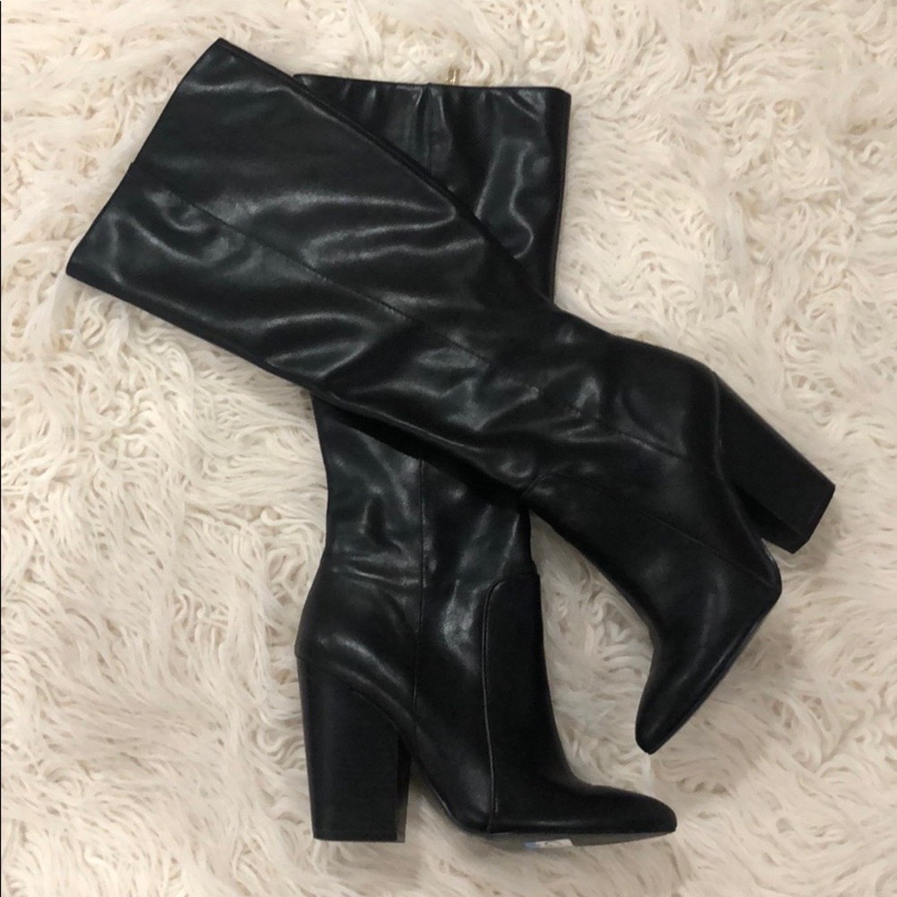 BCBGeneration Black Leather Knee-High Block Heel Boots